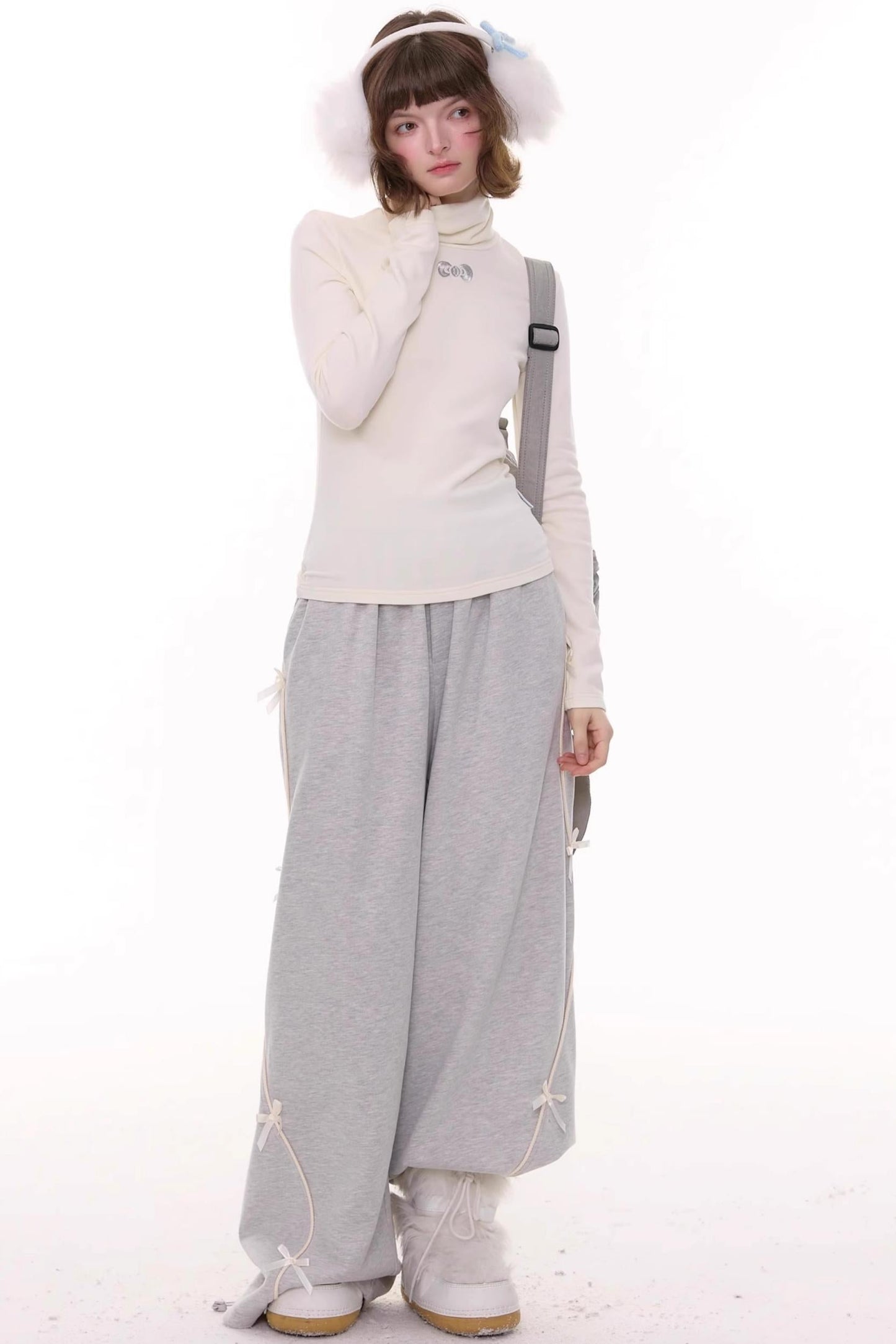 Gray Bow Wide-Leg Sweatpants