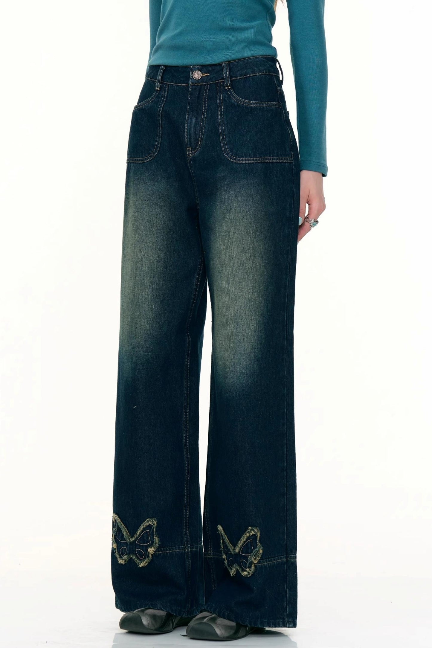 American Retro Butterfly Blue High-Waisted Wide-Leg Jeans