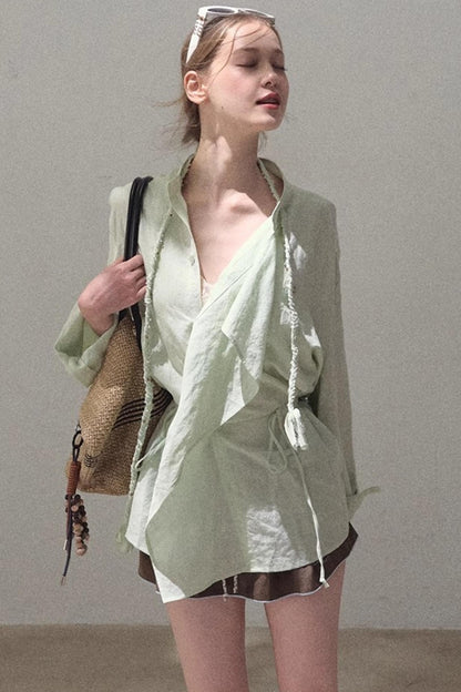 Striped Linen-Cotton Beaded Shirt