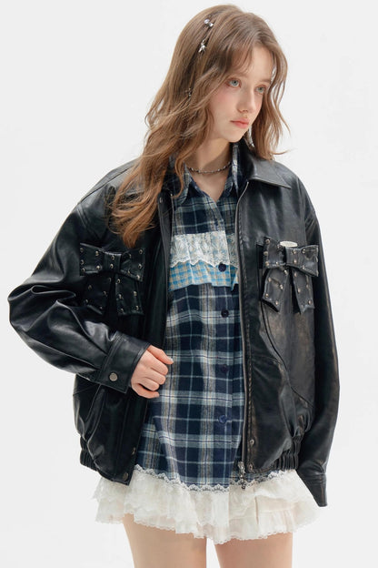 Premium Bow Black PU Leather Jacket