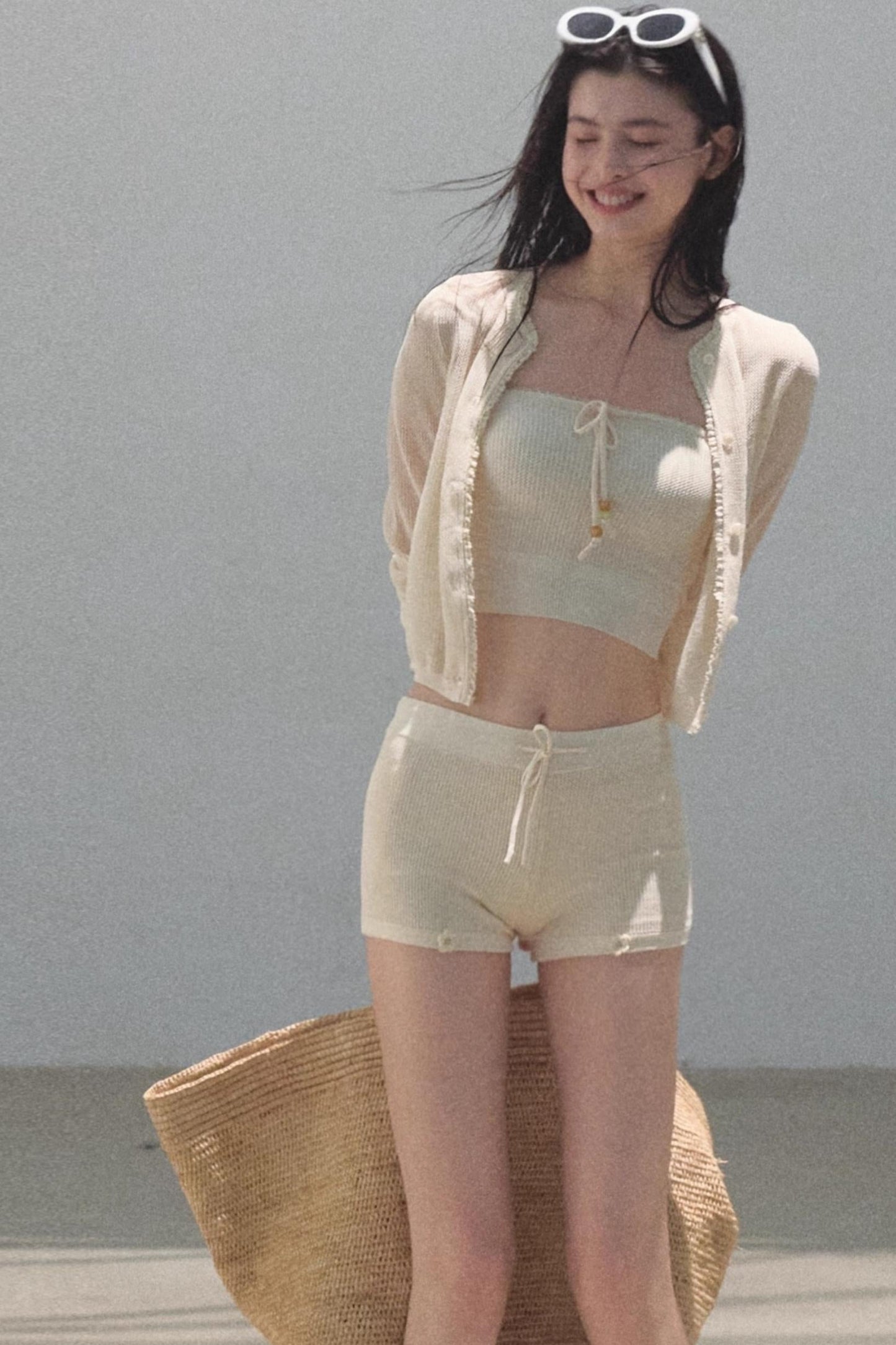 Apricot Blossom Ice Silk Knitted Cardigan Shorts Set-Up
