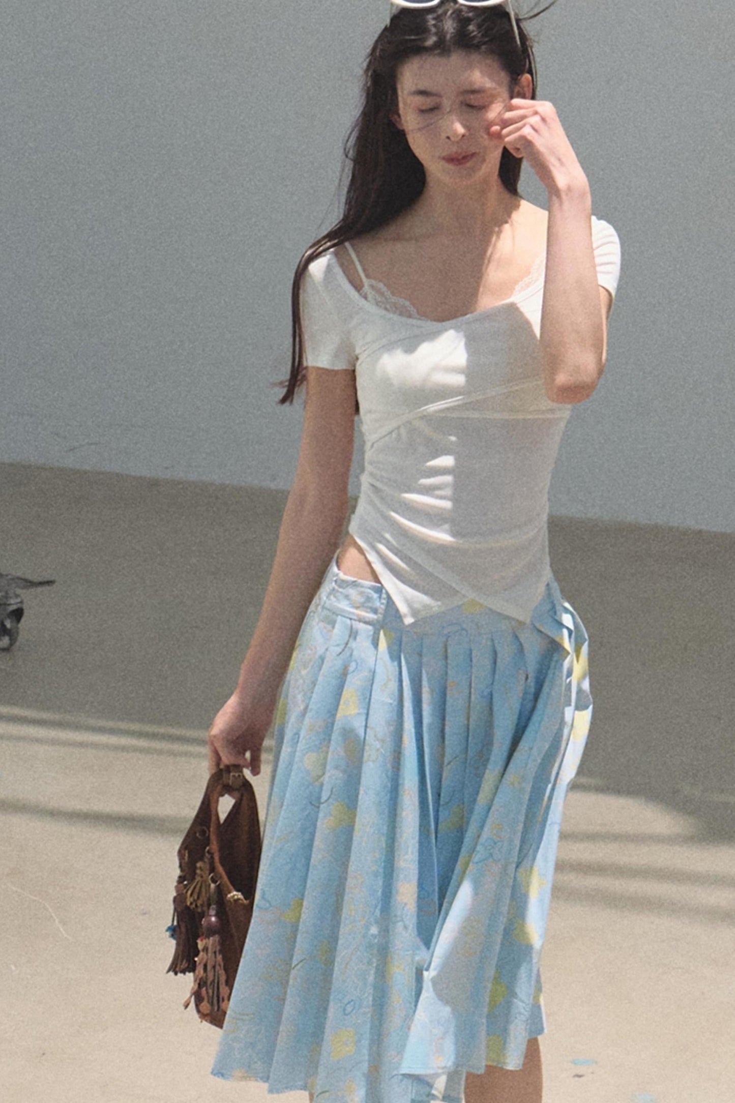 Running Waves Cotton Poplin Pleated Midi Skirt