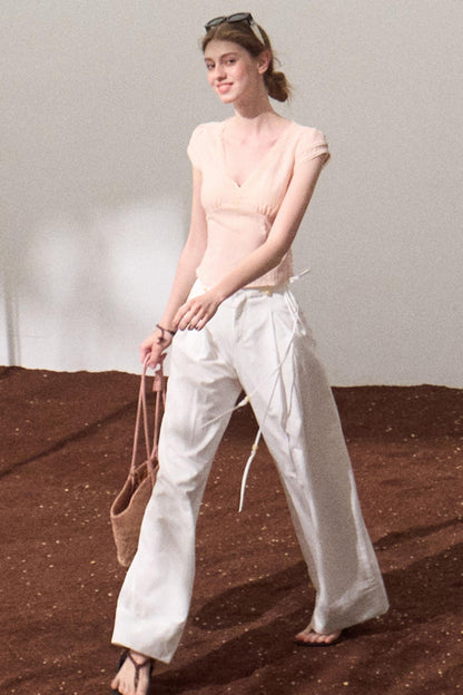 Fuzzy Lace V-Neck Tie Top