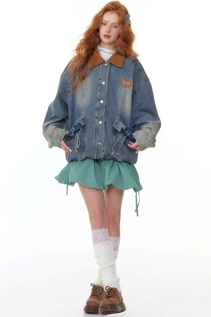 Bow Corduroy Collar Retro Denim Jacket
