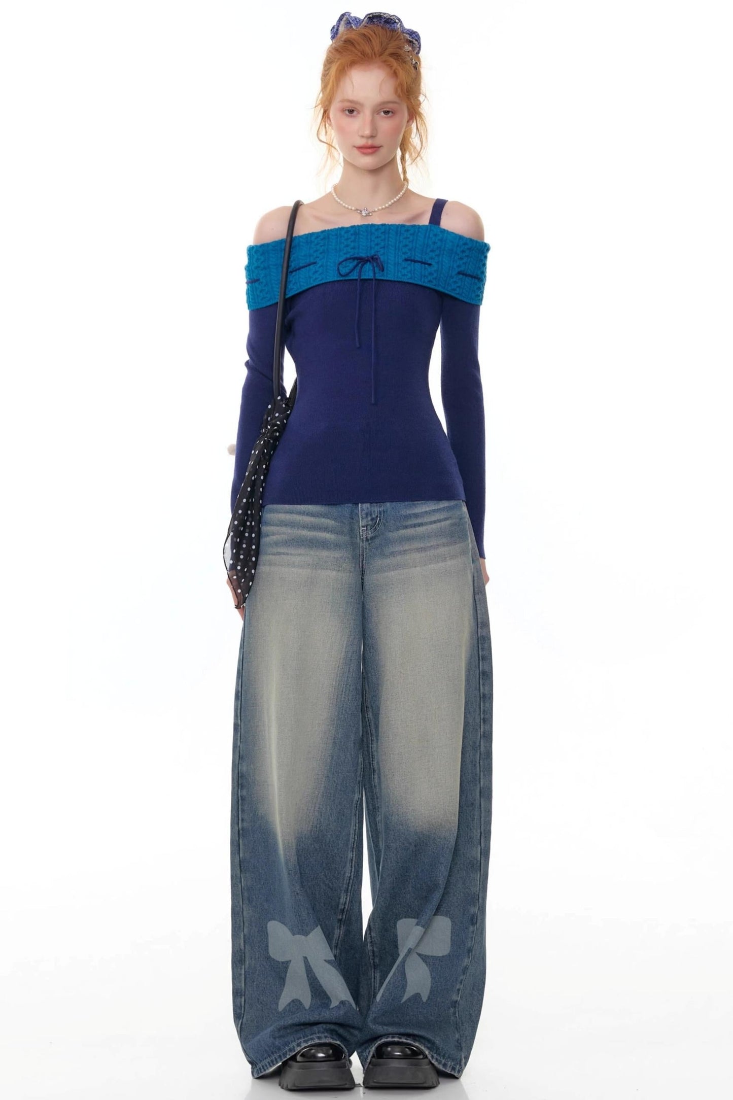 Retro Bow Design High-Waisted Denim Pants