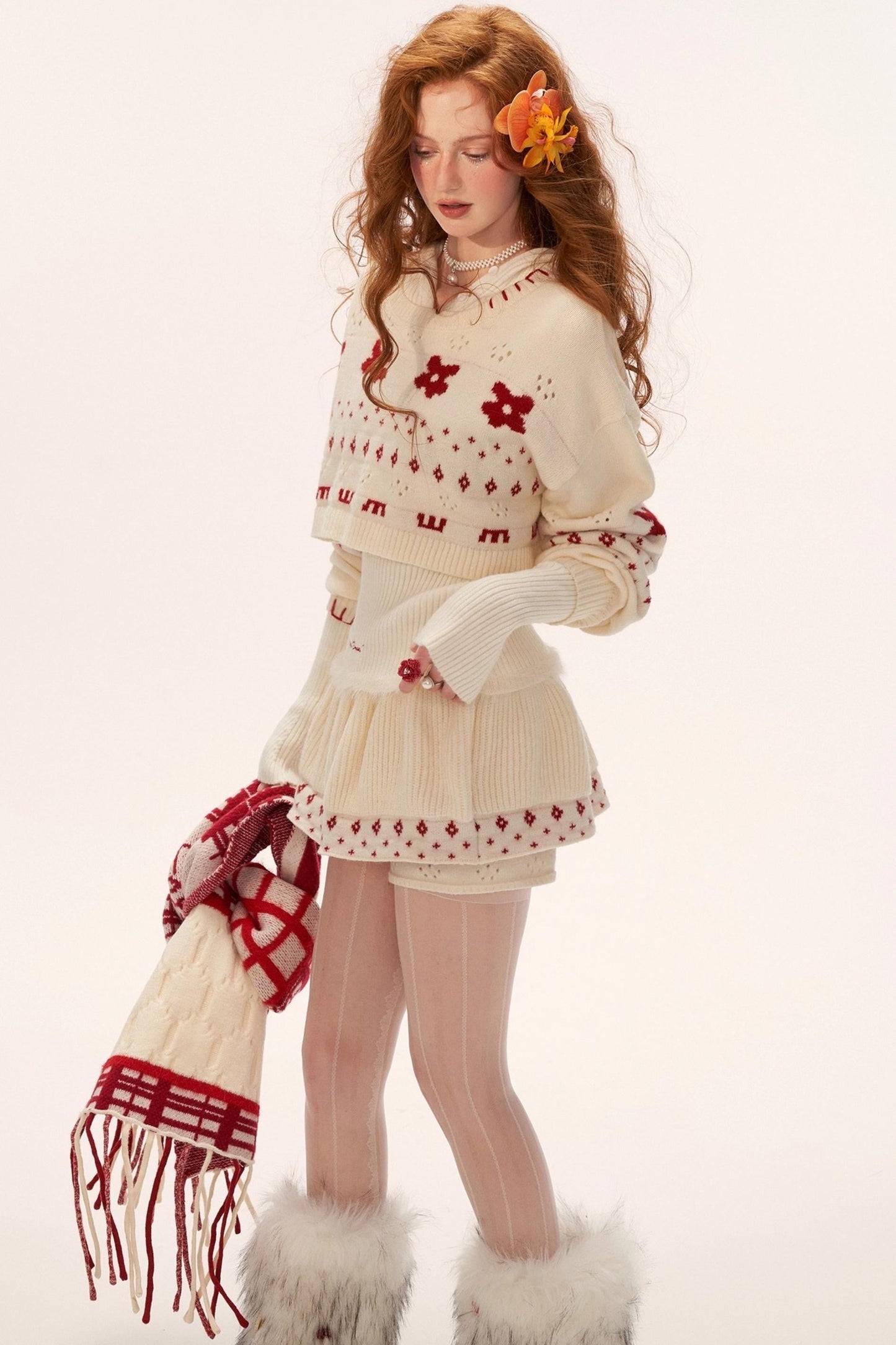 星形提花毛衣上衣套装