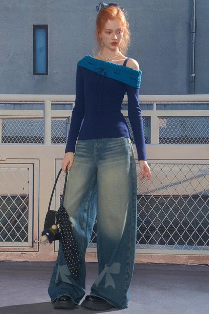 Retro Bow Design High-Waisted Denim Pants