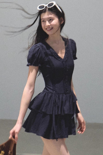 Blue Hour V-Neck Double-Sleeved Dress