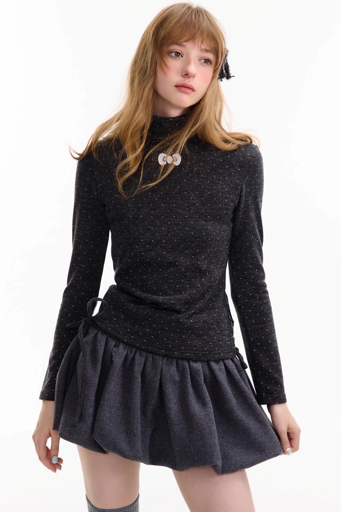 Retro Polka Dot High-Neck Long Sleeve T-Shirt