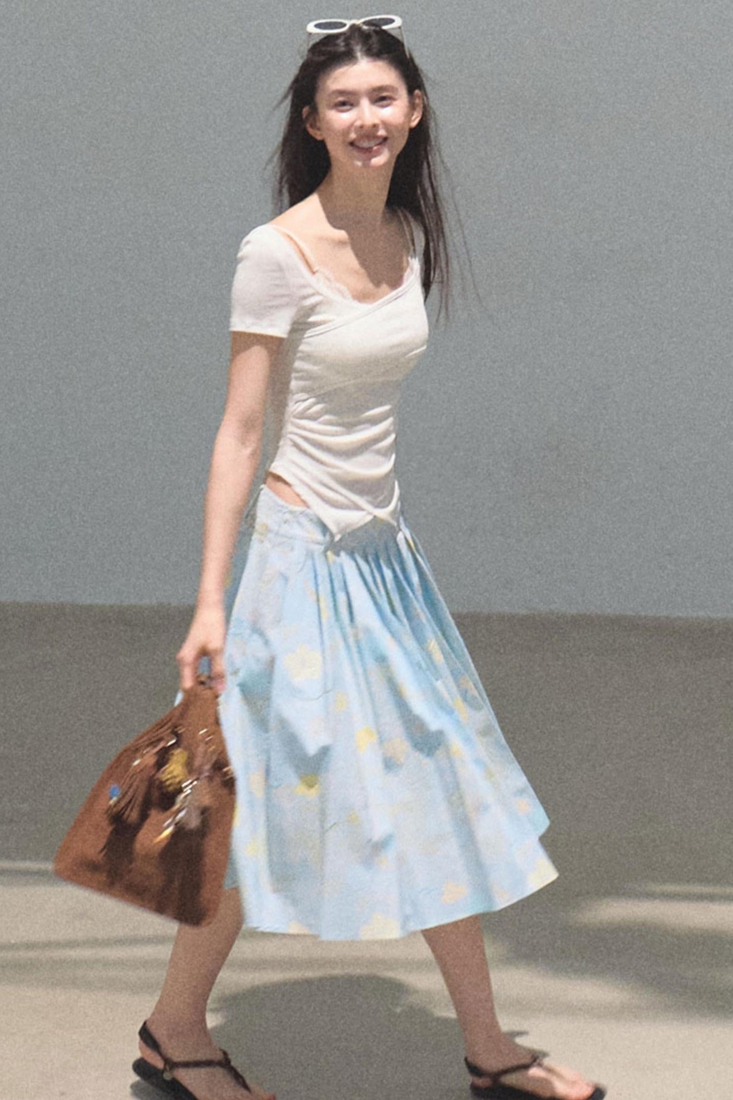 Running Waves Cotton Poplin Pleated Midi Skirt