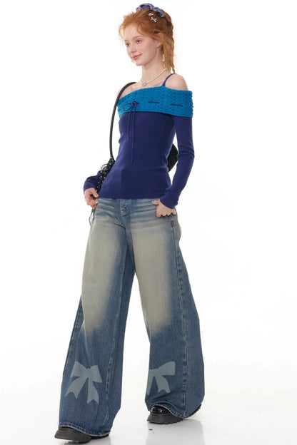 Retro Bow Design High-Waisted Denim Pants