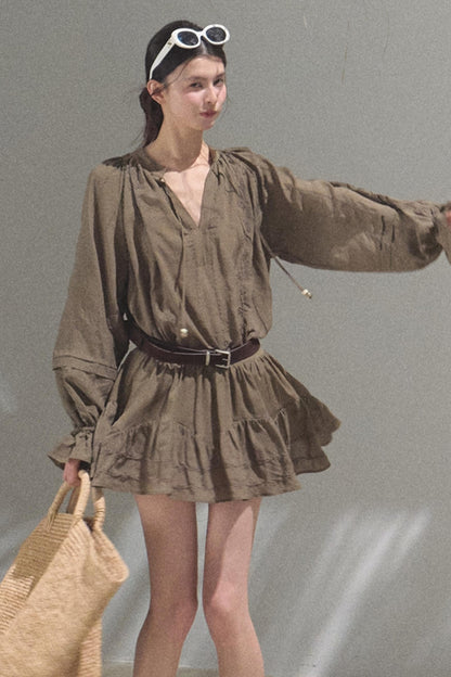 Relaxed Bubble Sleeve Skirt Set-Up