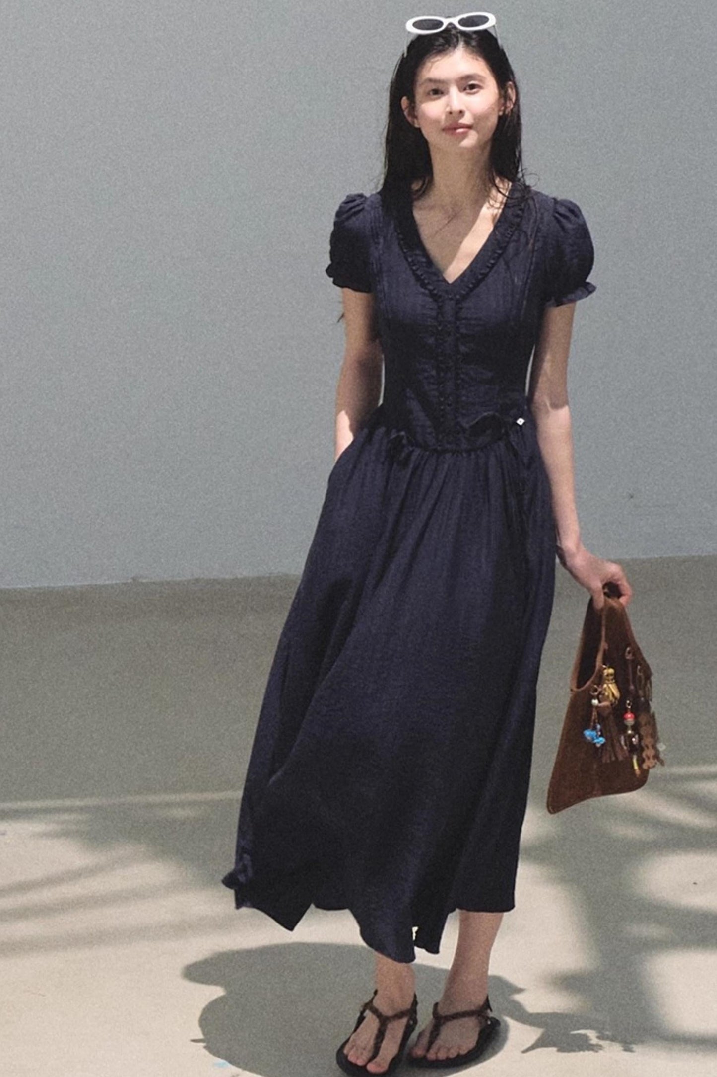 Blue Hour V-Neck Double-Sleeved Dress