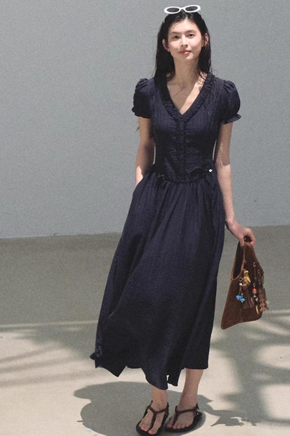 Blue Hour V-Neck Double-Sleeved Dress