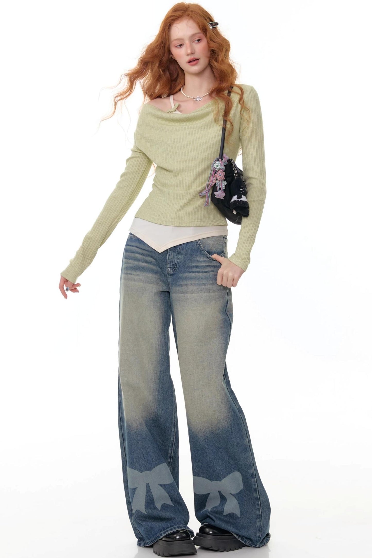 Retro Bow Design High-Waisted Denim Pants