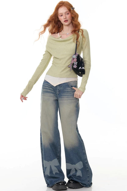 Retro Bow Design High-Waisted Denim Pants