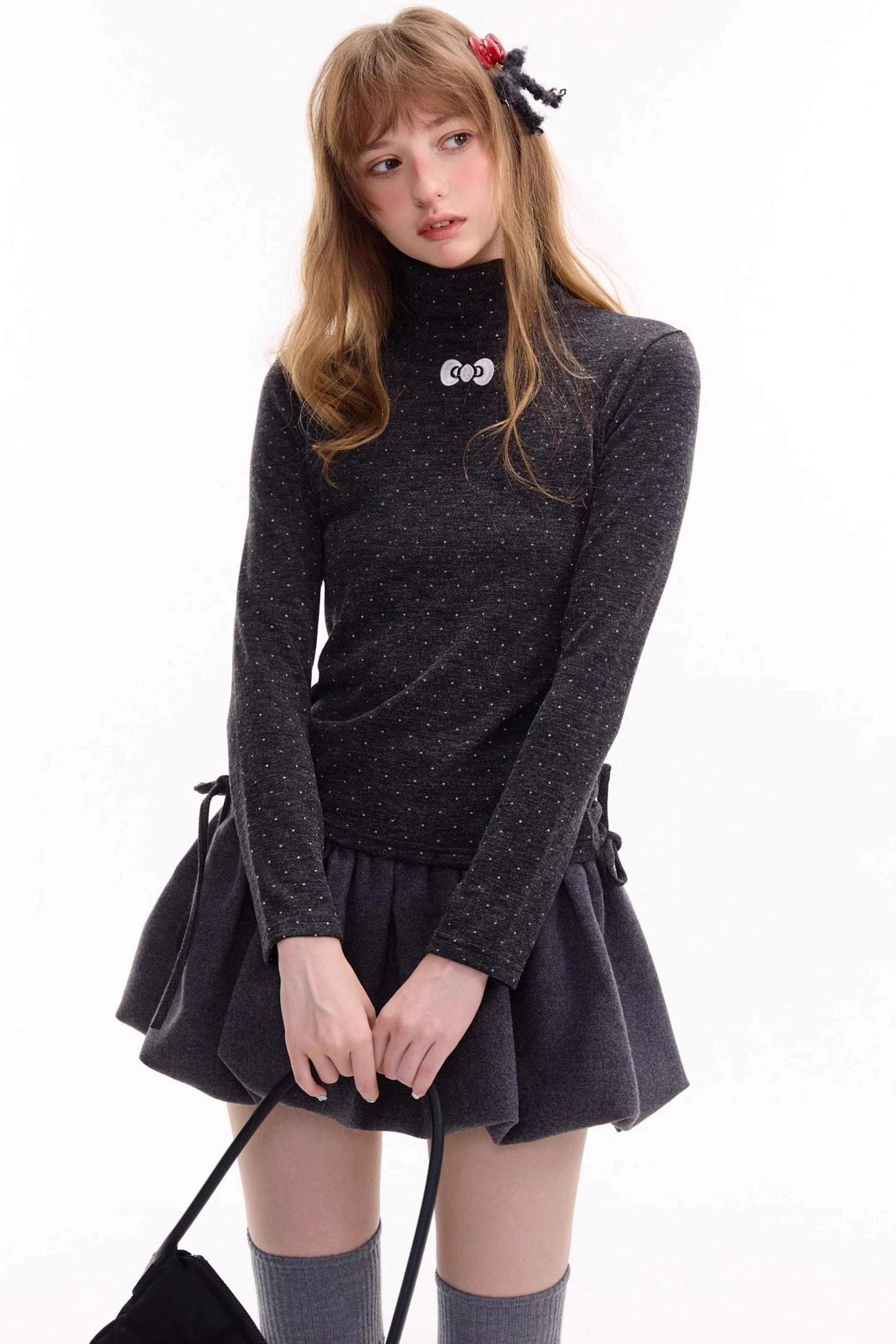 Retro Polka Dot High-Neck Long Sleeve T-Shirt