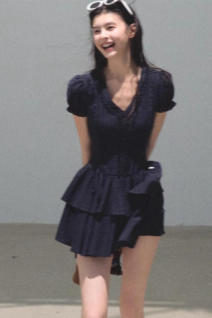 Blue Hour V-Neck Double-Sleeved Dress