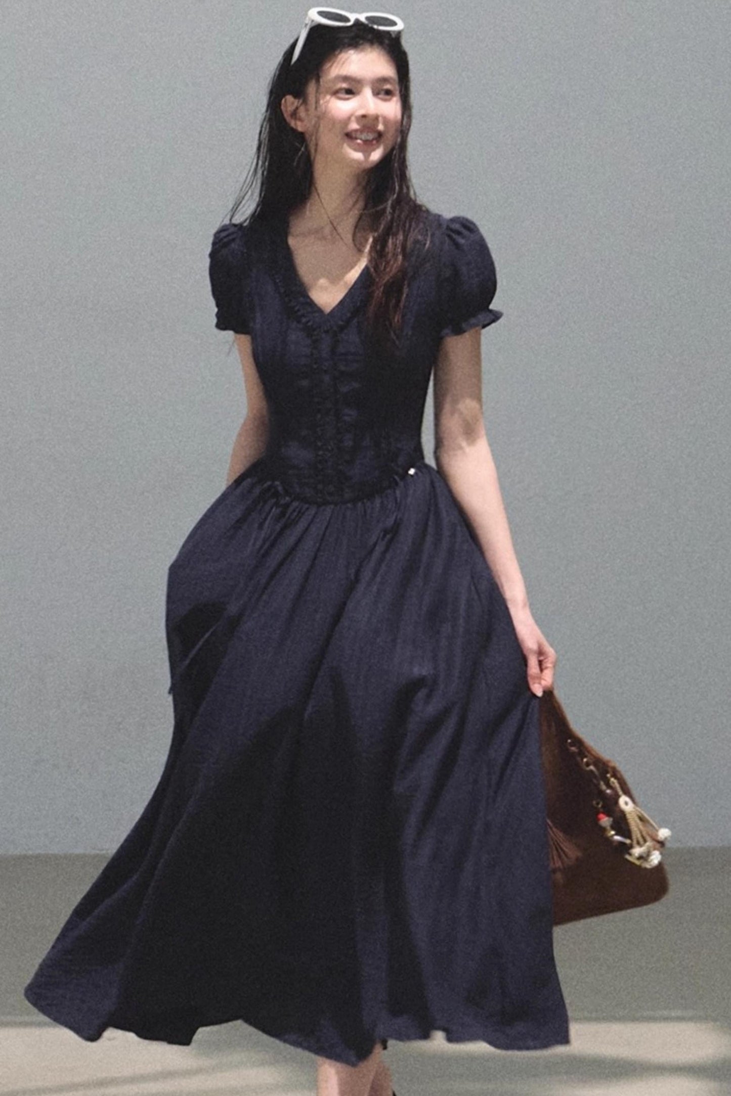 Blue Hour V-Neck Double-Sleeved Dress