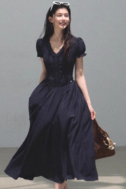 Blue Hour V-Neck Double-Sleeved Dress