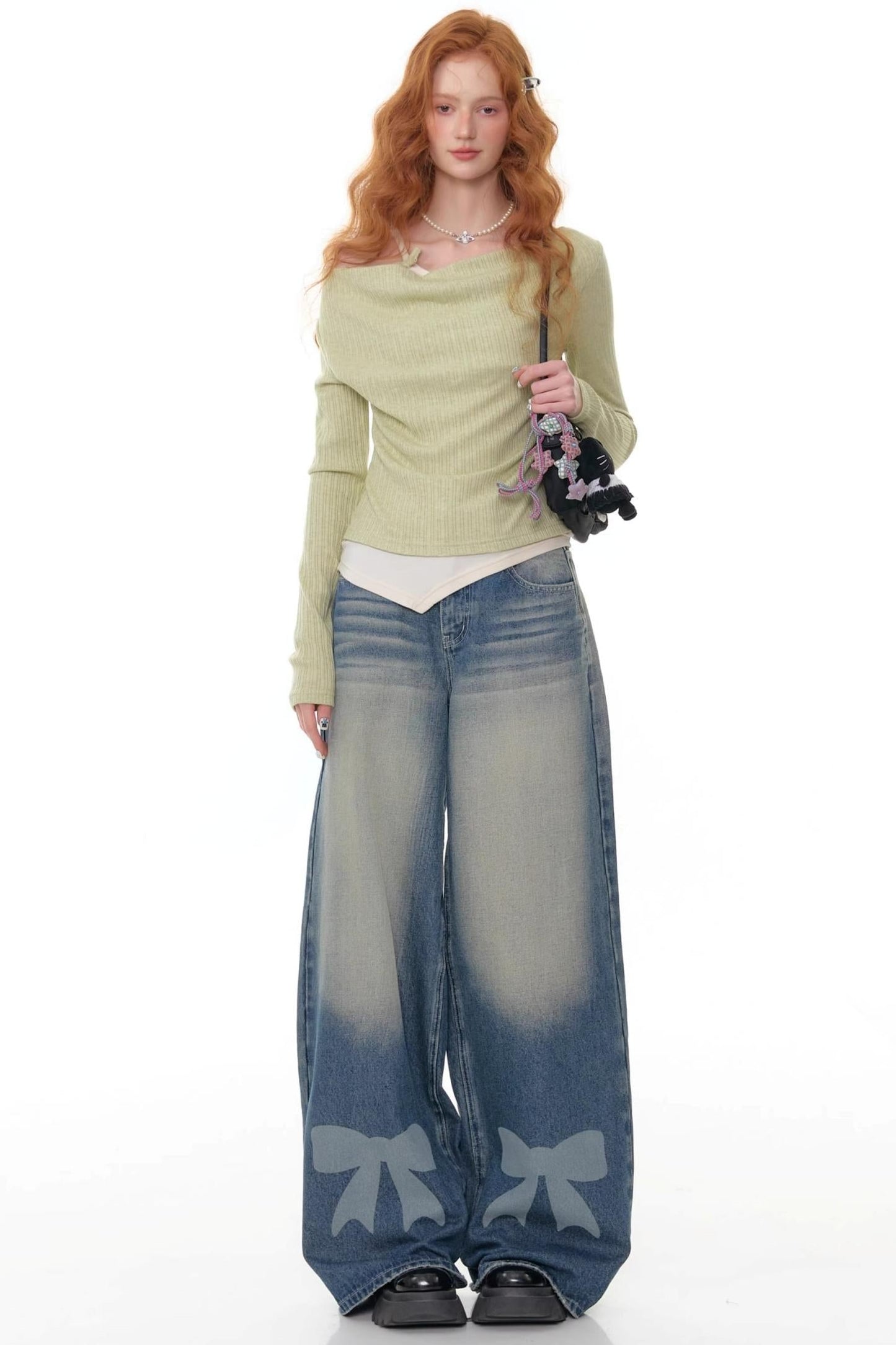 Retro Bow Design High-Waisted Denim Pants