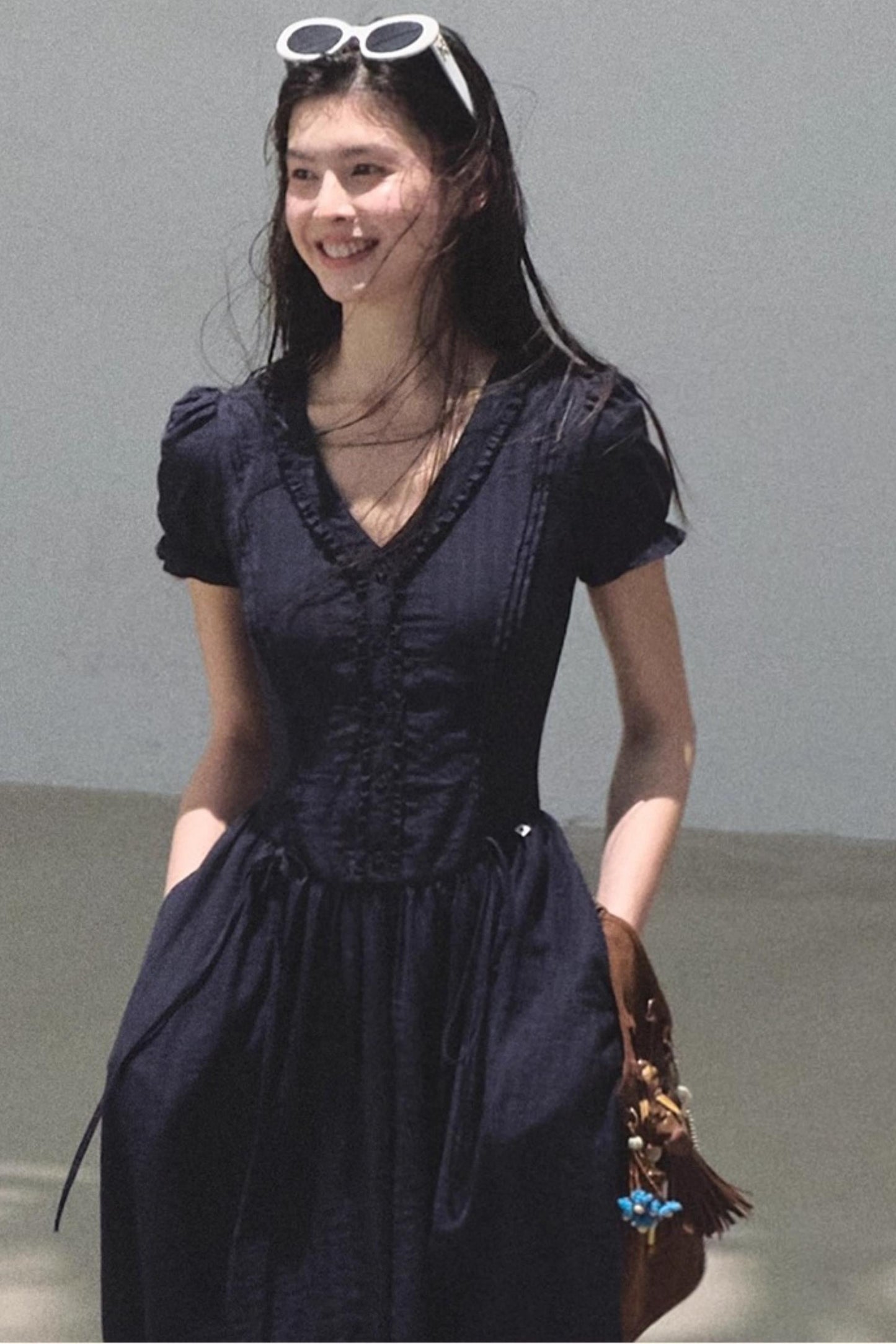 Blue Hour V-Neck Double-Sleeved Dress