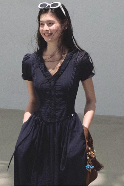 Blue Hour V-Neck Double-Sleeved Dress