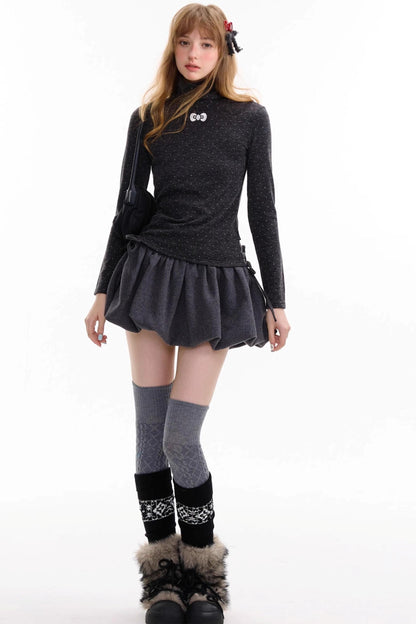 Retro Polka Dot High-Neck Long Sleeve T-Shirt