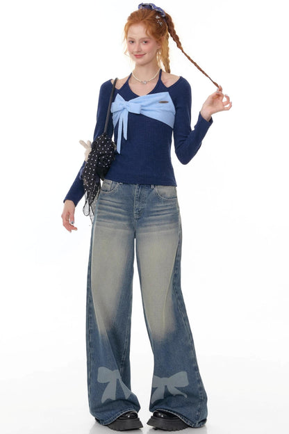 Retro Bow Design High-Waisted Denim Pants