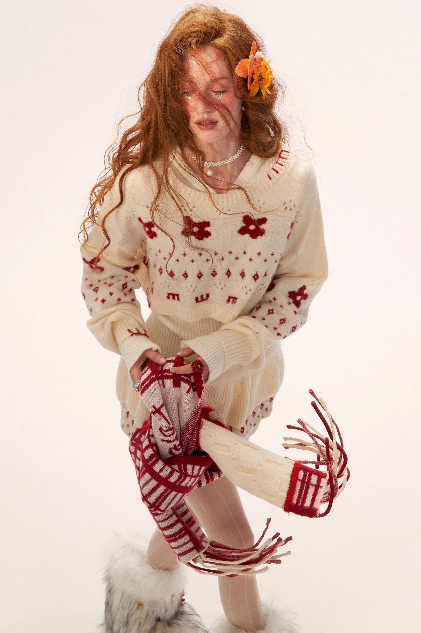 星形提花毛衣上衣套装