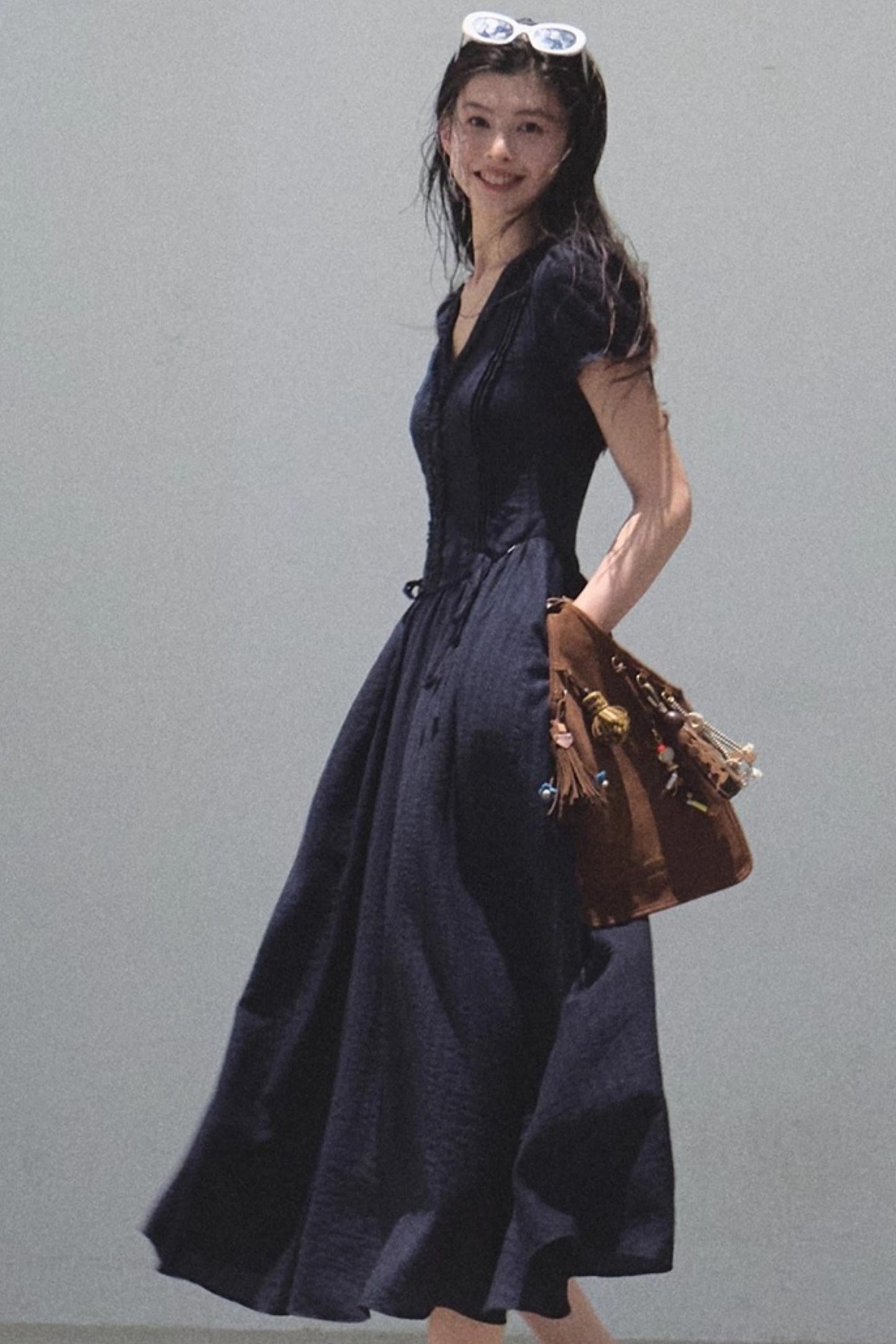 Blue Hour V-Neck Double-Sleeved Dress