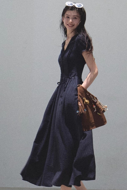 Blue Hour V-Neck Double-Sleeved Dress