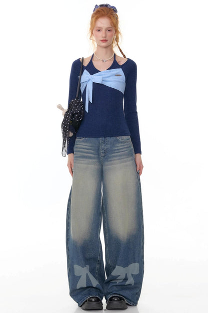 Retro Bow Design High-Waisted Denim Pants