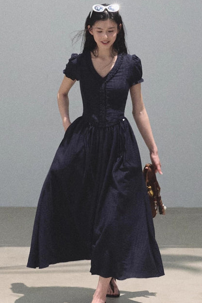 Blue Hour V-Neck Double-Sleeved Dress