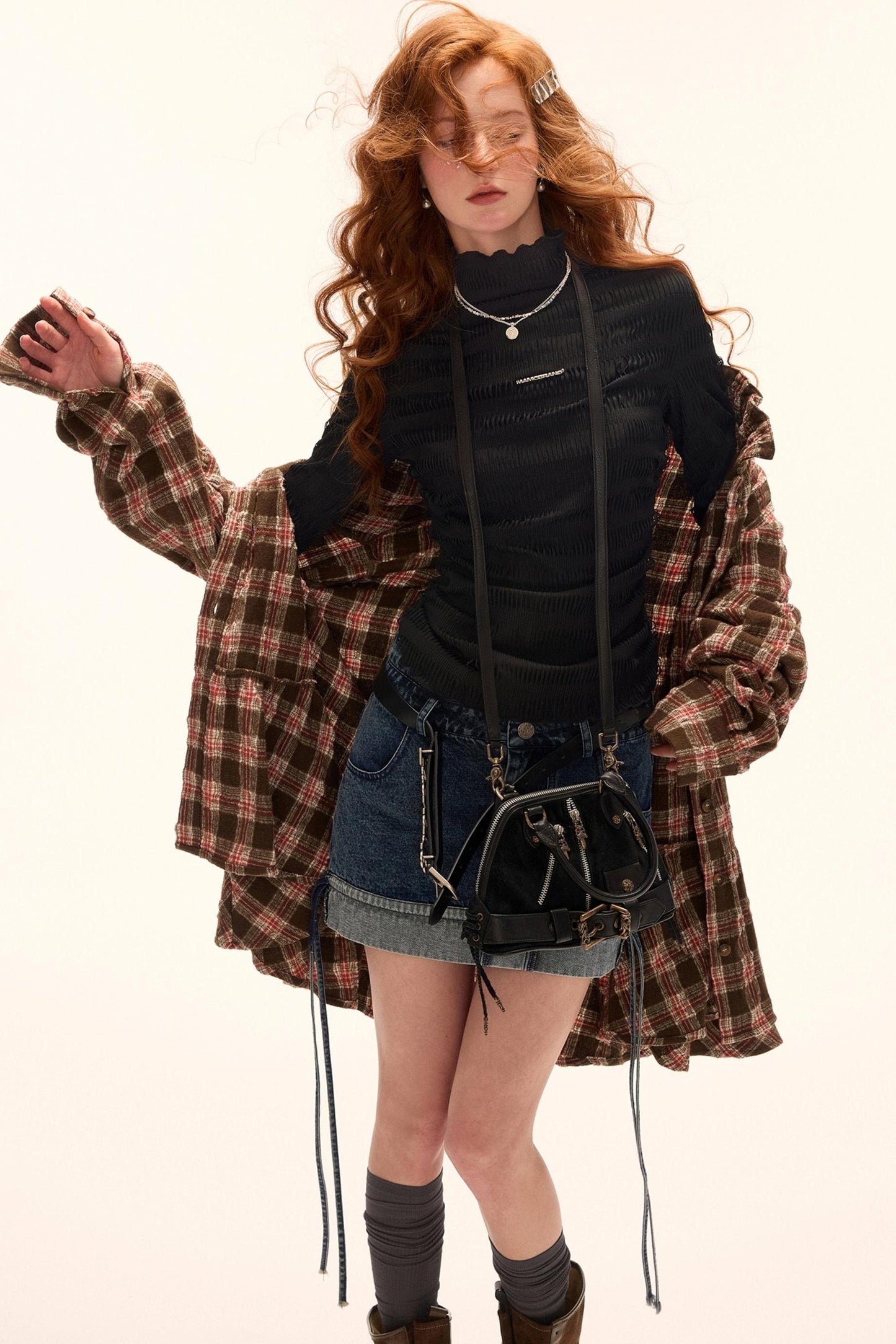 High Neck Knitted Striped Slimming Shirt