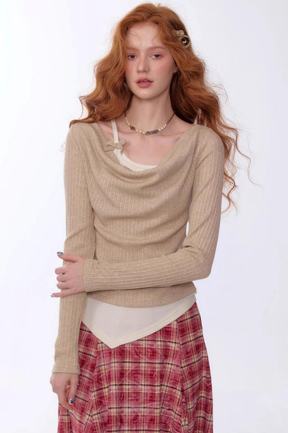 Swing Collar Fake Two Pieces Slim Top