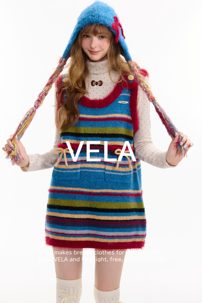 American Retro Striped Bow Knitted Vest Dress