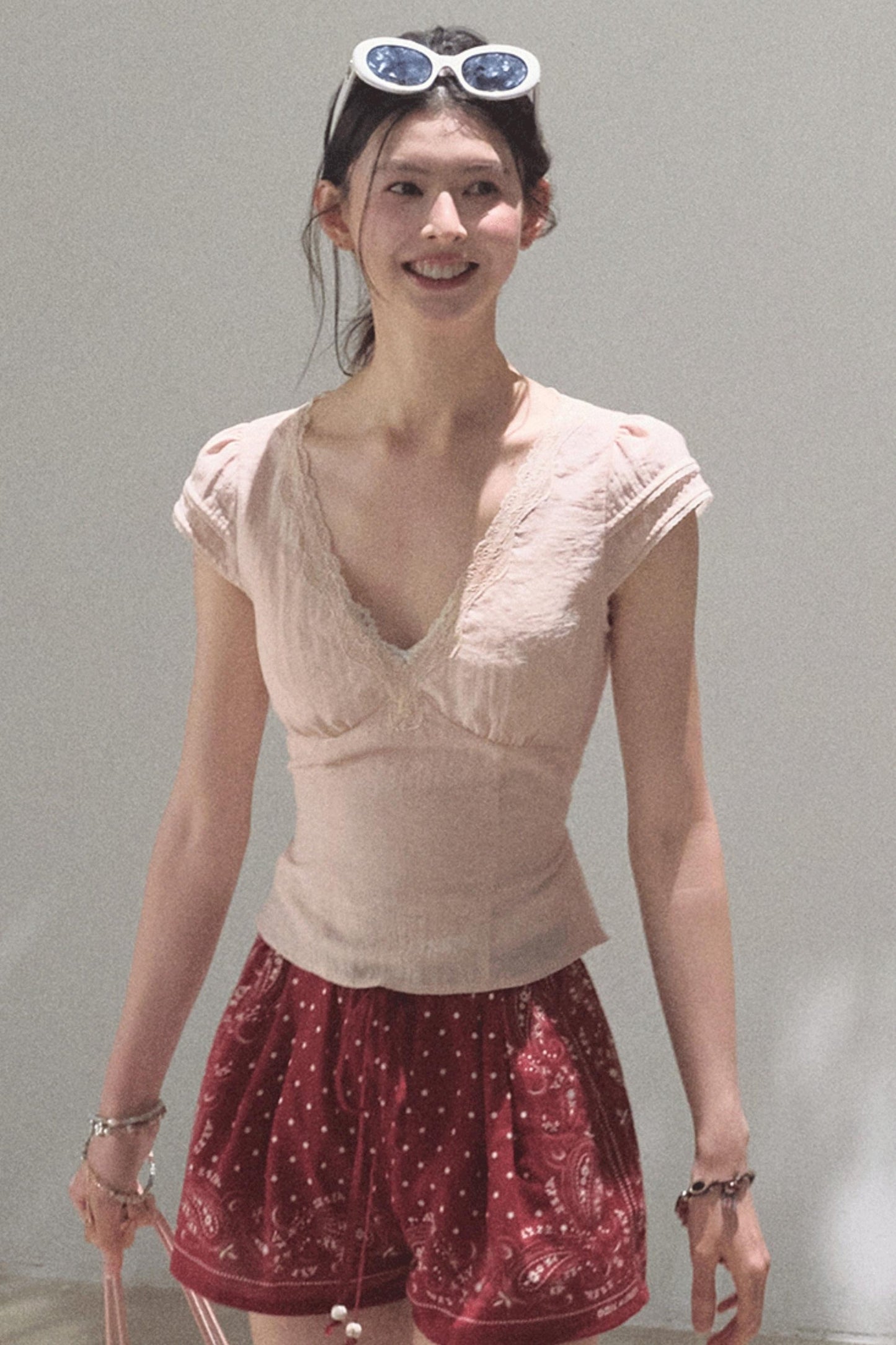 Fuzzy Lace V-Neck Tie Top