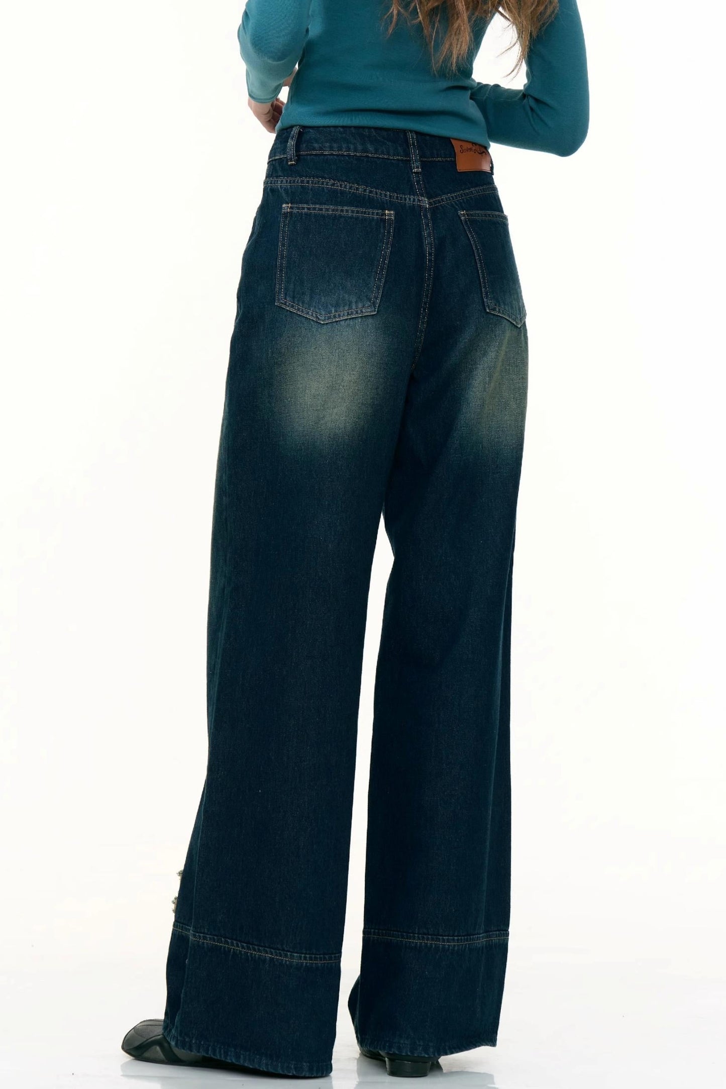 American Retro Butterfly Blue High-Waisted Wide-Leg Jeans