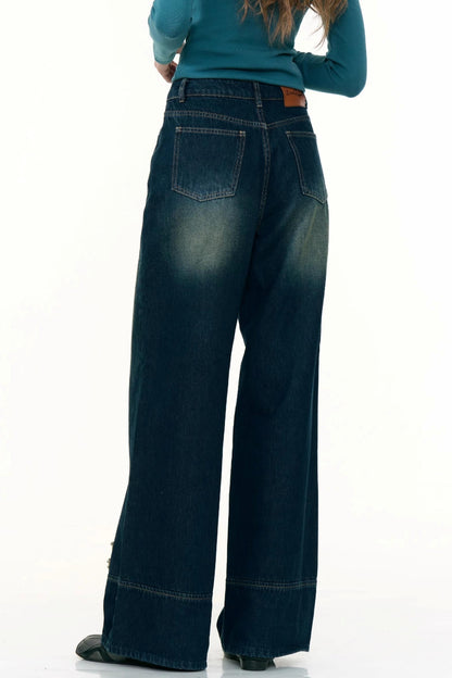 American Retro Butterfly Blue High-Waisted Wide-Leg Jeans