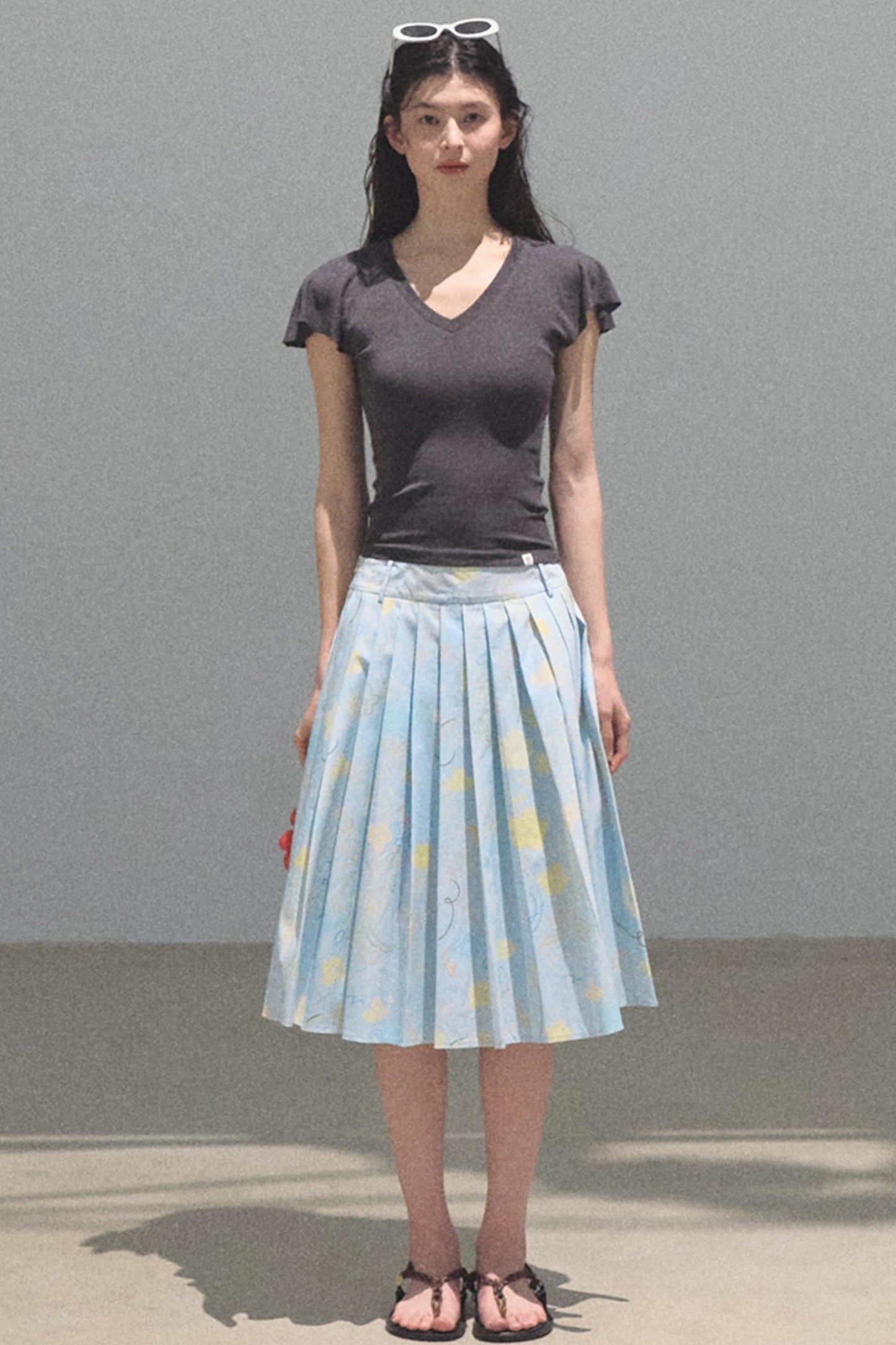 Running Waves Cotton Poplin Pleated Midi Skirt