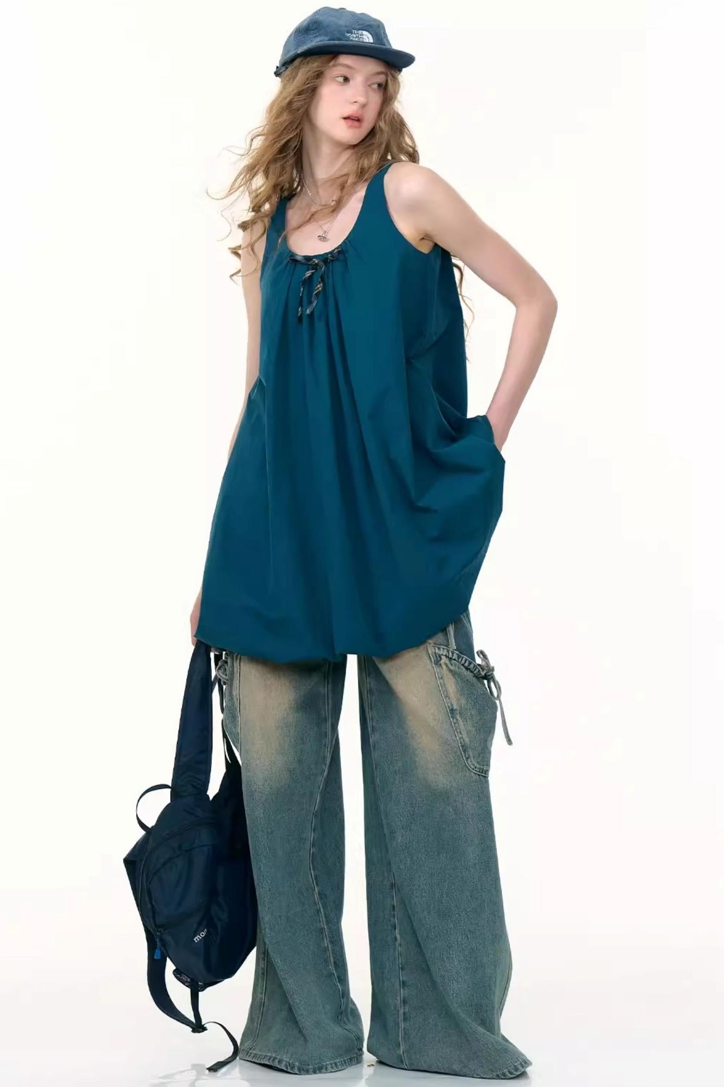 Summer Bow Dark Blue Sleeveless Dress