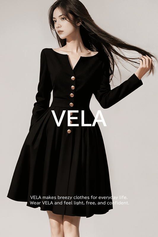 V-Neck Flare Dress with Gold Buttons