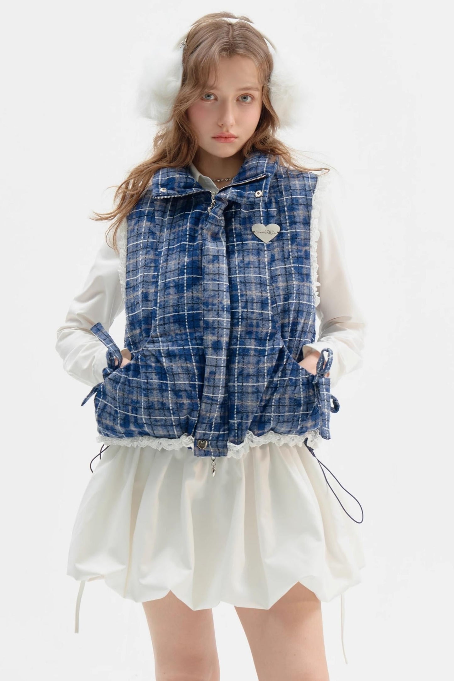Thickened Velvet Blue Check Cotton Jacket