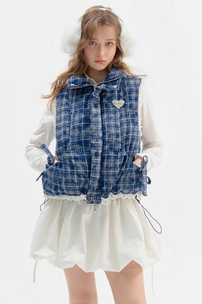 Thickened Velvet Blue Check Cotton Jacket