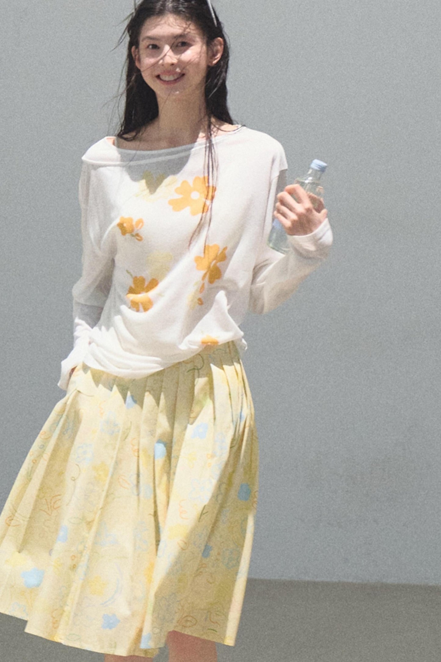 Running Waves Cotton Poplin Pleated Midi Skirt