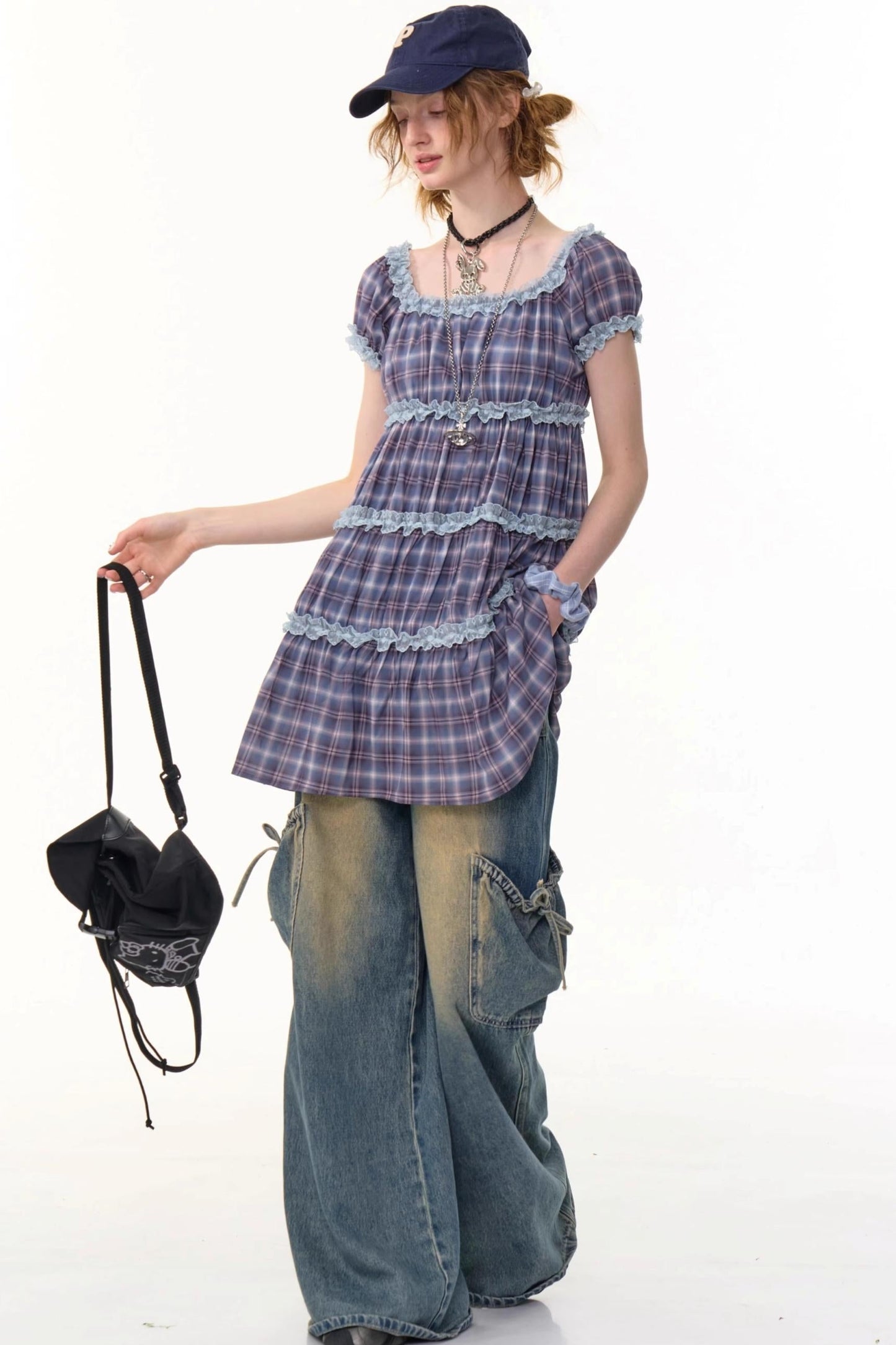 Purple Plaid Puff Sleeve Dress