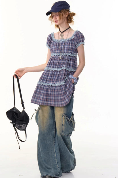 Purple Plaid Puff Sleeve Dress