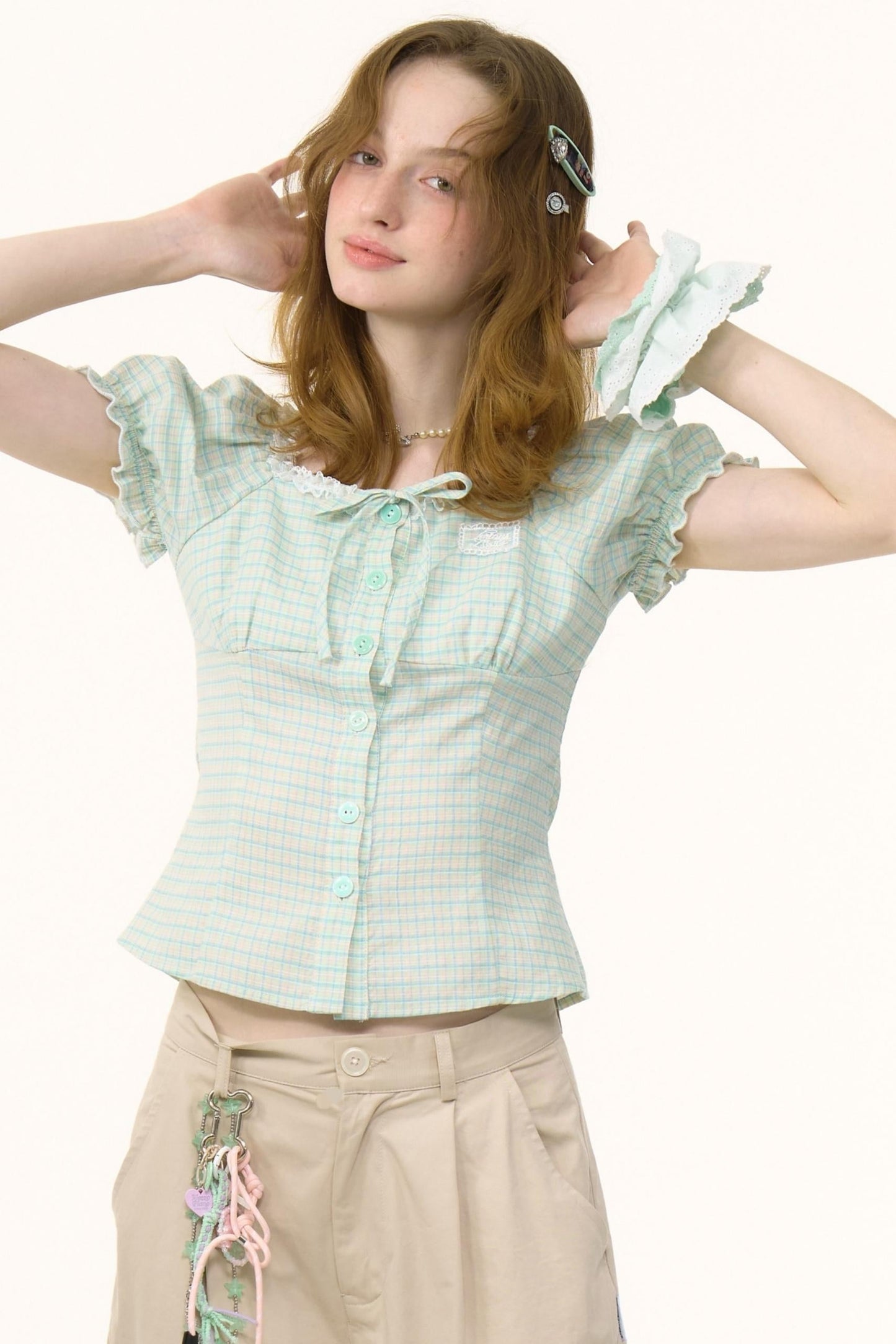 Plaid Bubble Sleeve Blouse