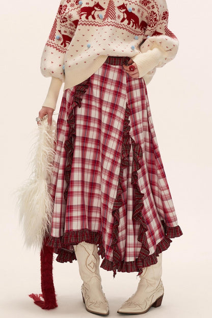 Spliced ​​Plaid Long Skirt